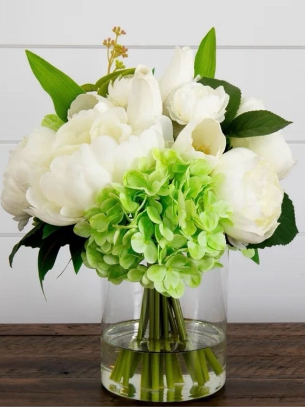 Faux 12” Peony Arrangement in Glass Vase Home Decor White Green